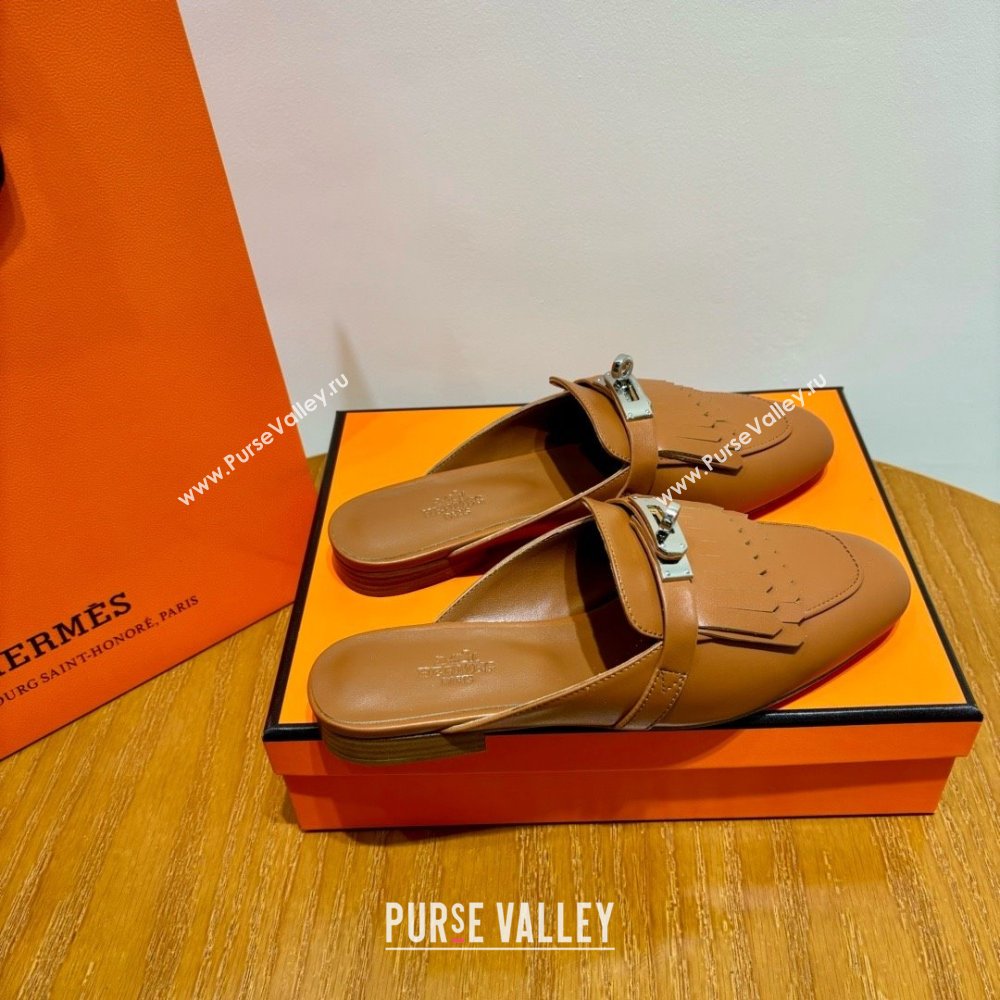 Hermes Kelly Buckle Oz Mules in fringed calfskin brown (original quality) (mingdu-240321-05)