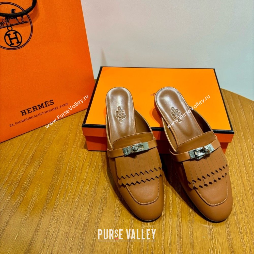 Hermes Kelly Buckle Oz Mules in fringed calfskin brown (original quality) (mingdu-240321-05)