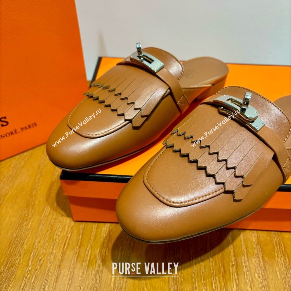 Hermes Kelly Buckle Oz Mules in fringed calfskin brown (original quality) (mingdu-240321-05)