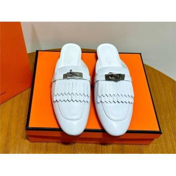 Hermes Kelly Buckle Oz Mules in fringed calfskin all white (original quality) (mingdu-240321-06)