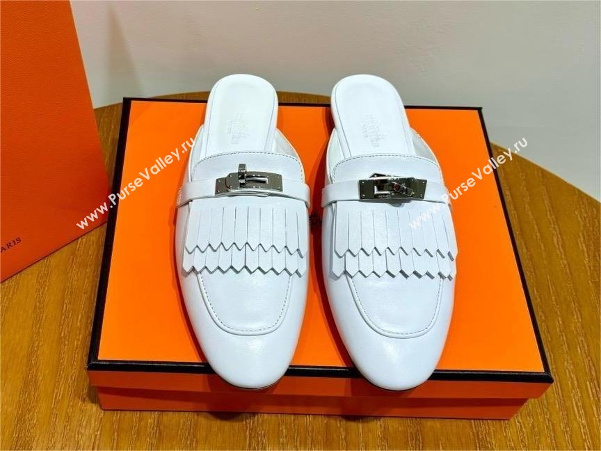 Hermes Kelly Buckle Oz Mules in fringed calfskin all white (original quality) (mingdu-240321-06)