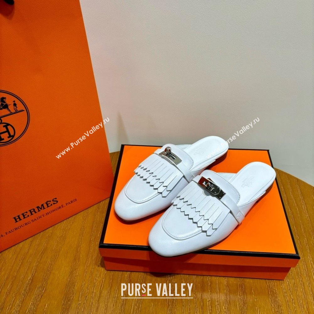 Hermes Kelly Buckle Oz Mules in fringed calfskin all white (original quality) (mingdu-240321-06)