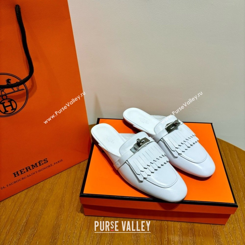 Hermes Kelly Buckle Oz Mules in fringed calfskin all white (original quality) (mingdu-240321-06)