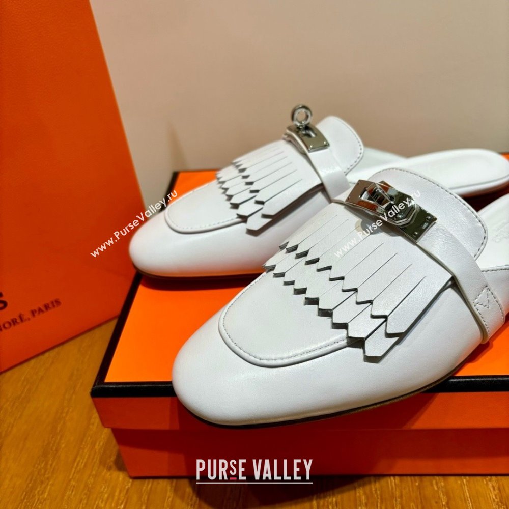 Hermes Kelly Buckle Oz Mules in fringed calfskin all white (original quality) (mingdu-240321-06)