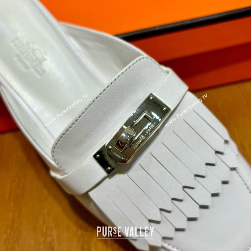 Hermes Kelly Buckle Oz Mules in fringed calfskin all white (original quality) (mingdu-240321-06)