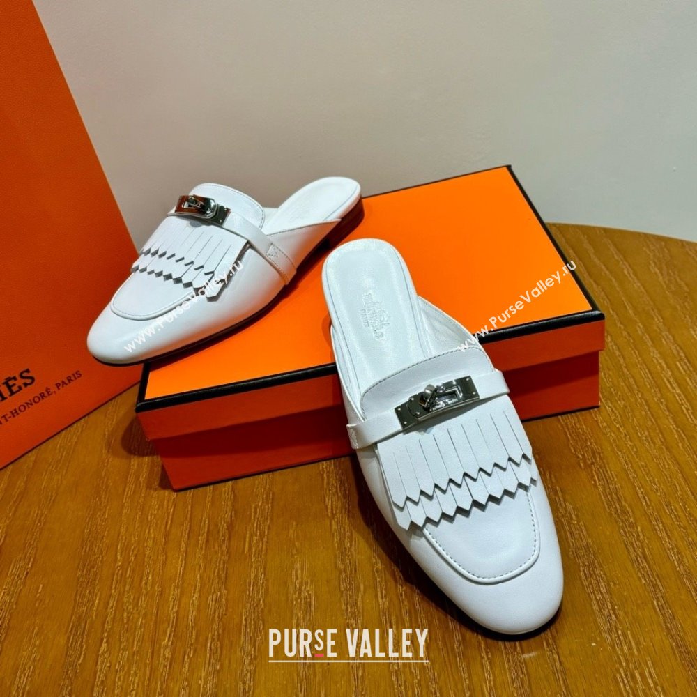 Hermes Kelly Buckle Oz Mules in fringed calfskin all white (original quality) (mingdu-240321-06)