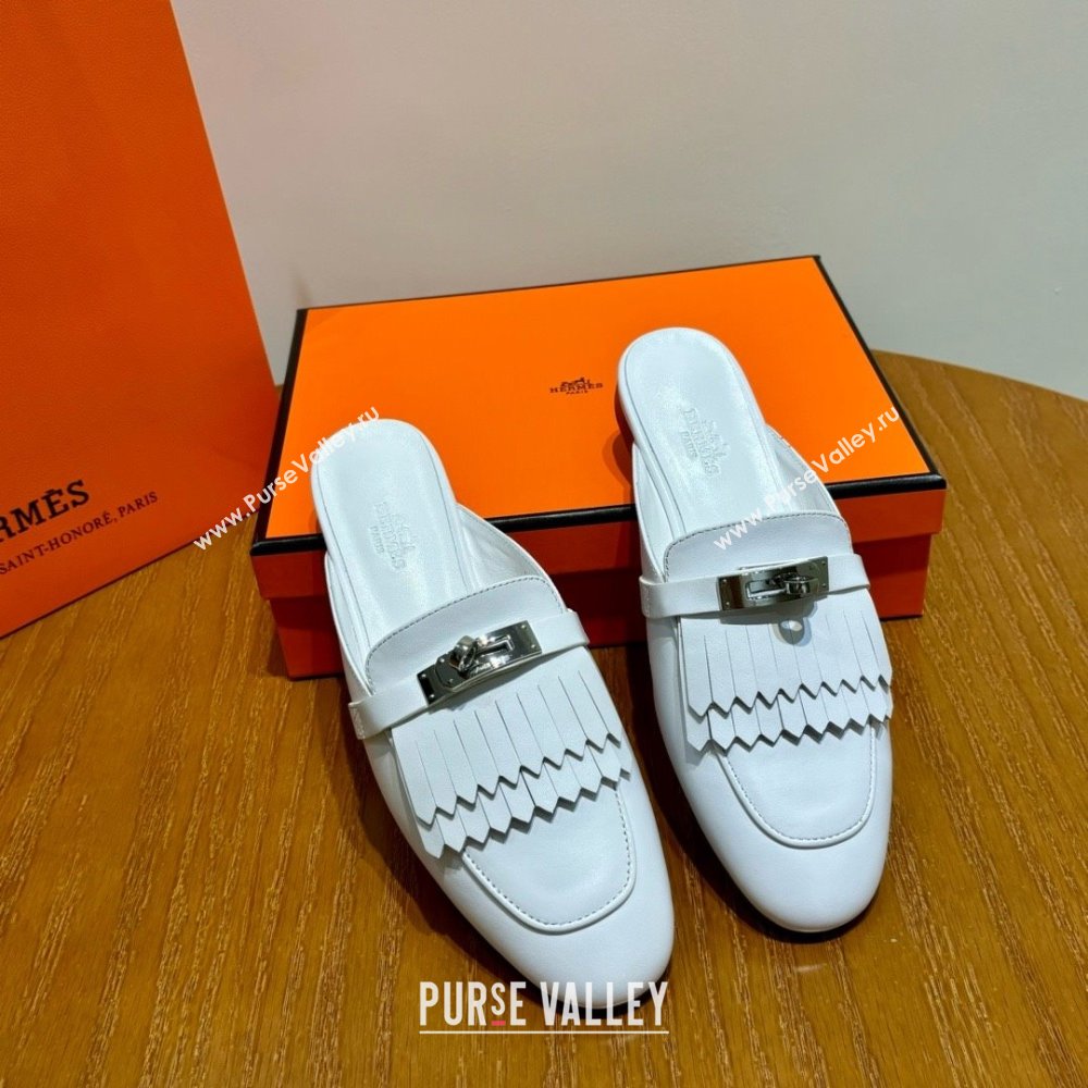 Hermes Kelly Buckle Oz Mules in fringed calfskin all white (original quality) (mingdu-240321-06)