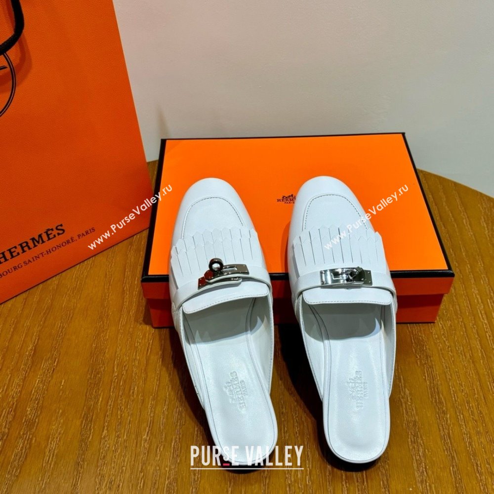 Hermes Kelly Buckle Oz Mules in fringed calfskin all white (original quality) (mingdu-240321-06)