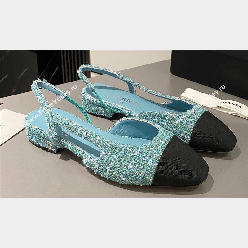 Chanel Heel 1.5cm Flat Slingbacks G31319 Tweed Green/Black 2023 (modeng-23103104)