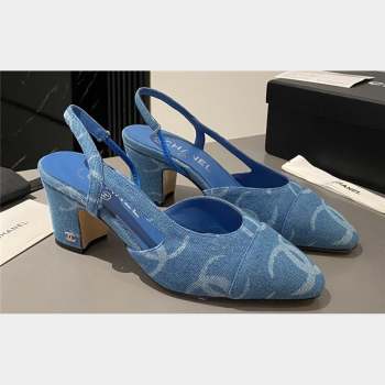 Chanel Heel 6.5cm Slingbacks G31318 Print Denim Dark Blue 2023 (modeng-23103117)