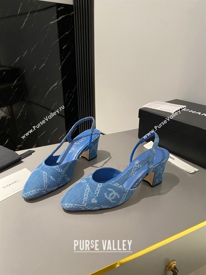 Chanel Heel 6.5cm Slingbacks G31318 Print Denim Light Blue 2023 (modeng-23103118)