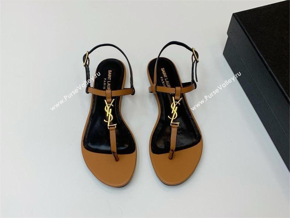 Saint Laurent cassandra sandals in vegetable-tanned leather MARRON GOLD 2024 (KAOLA-240320-02)