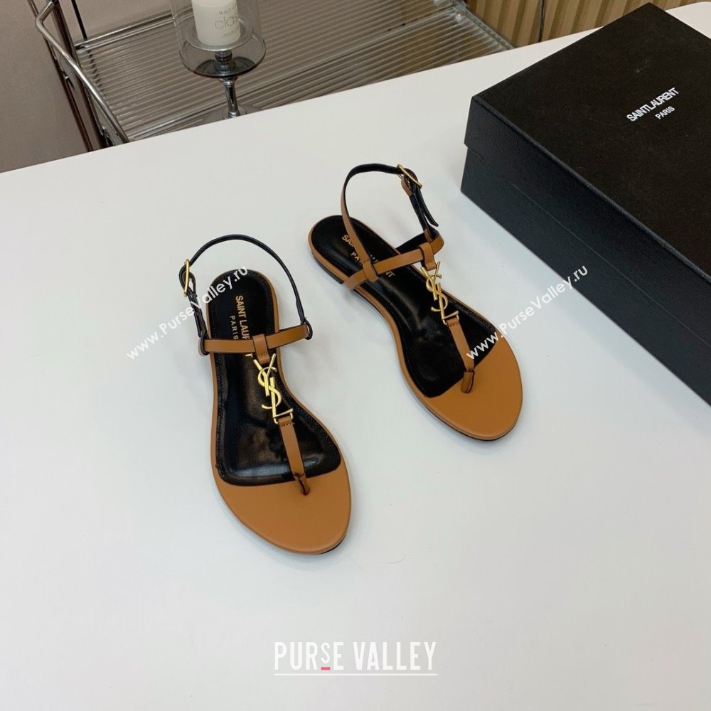 Saint Laurent cassandra sandals in vegetable-tanned leather MARRON GOLD 2024 (KAOLA-240320-02)