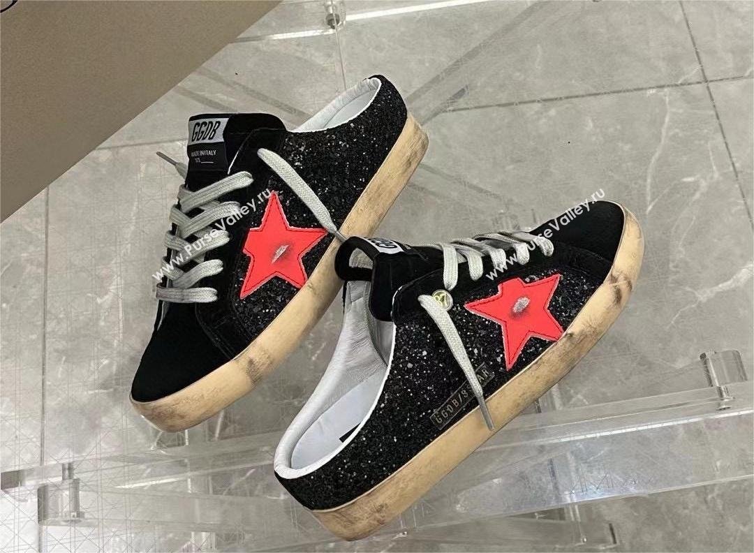 golden goose Super-Star Sabots in black metallic leather with red star sneakers 2024 (danni-240129-07)