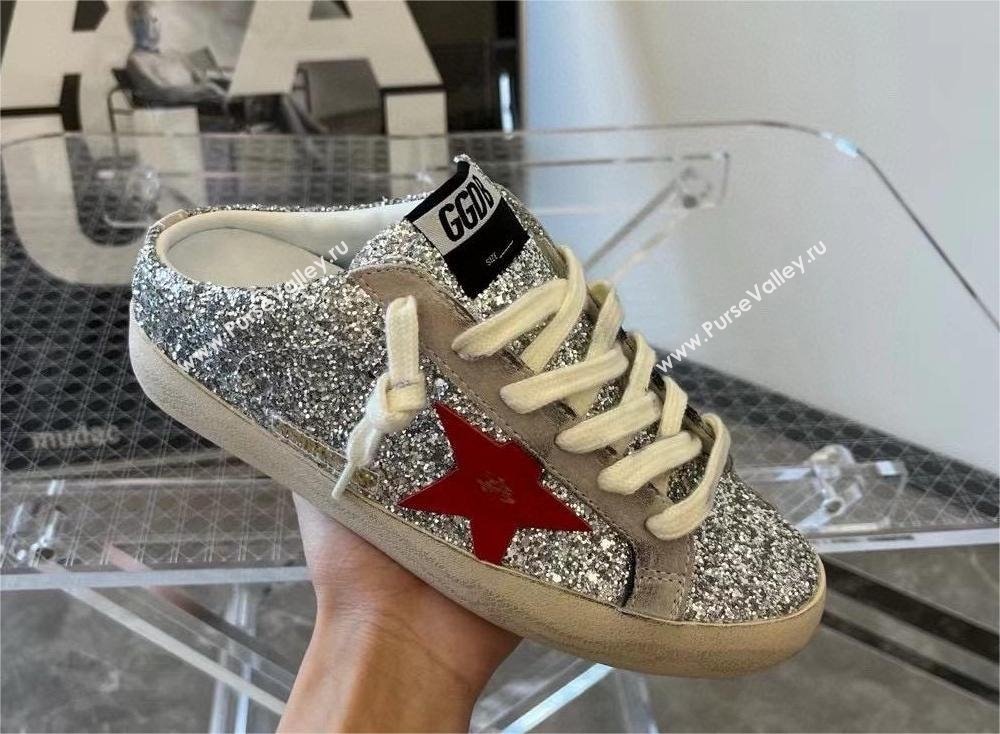 golden goose Super-Star Sabot in silver glitter with red leather star sneakers 2024 (danni-240129-09)