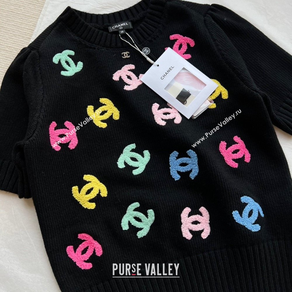 CHANEL CC emboridered KNIT SHORT-SLEEVED SWEATER BLACK 2024 SPRING (QIQI-231214-08)