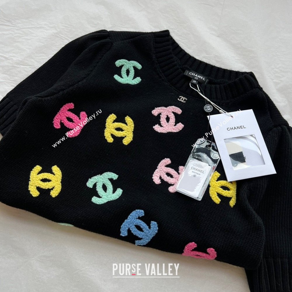 CHANEL CC emboridered KNIT SHORT-SLEEVED SWEATER BLACK 2024 SPRING (QIQI-231214-08)