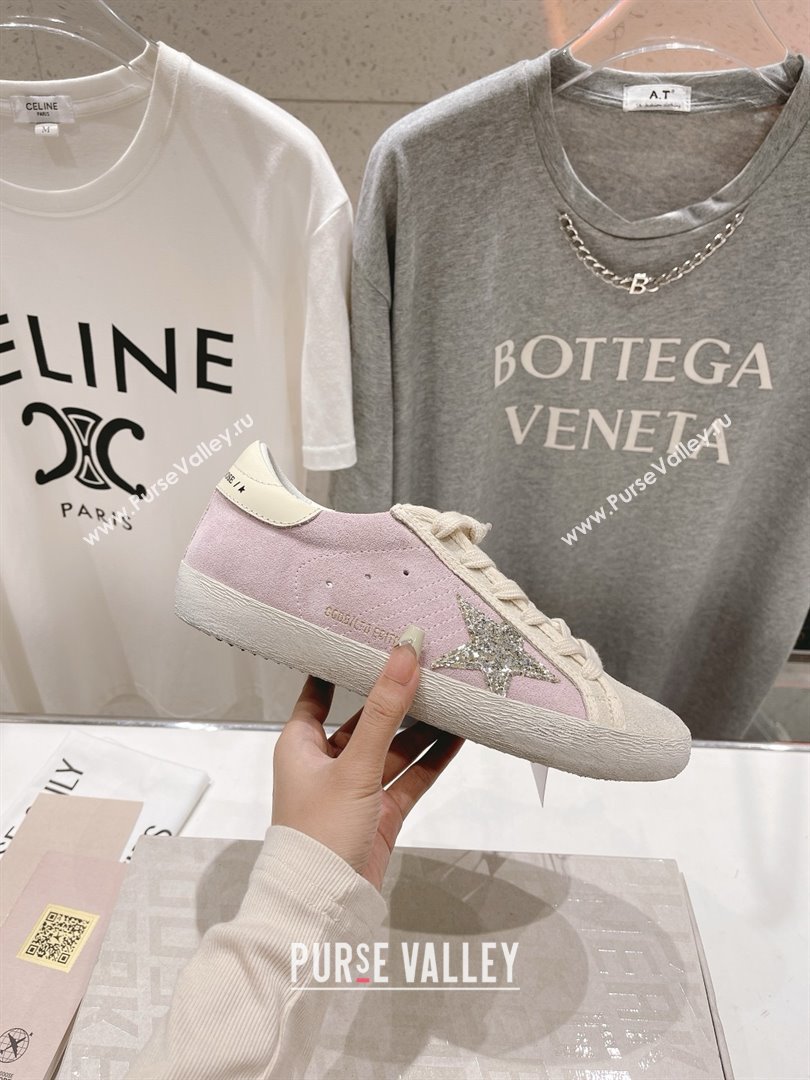 golden goose Super-Star LTD in pink and pearl suede with platinum glitter star sneakers 2024 (kaola-240129-01)