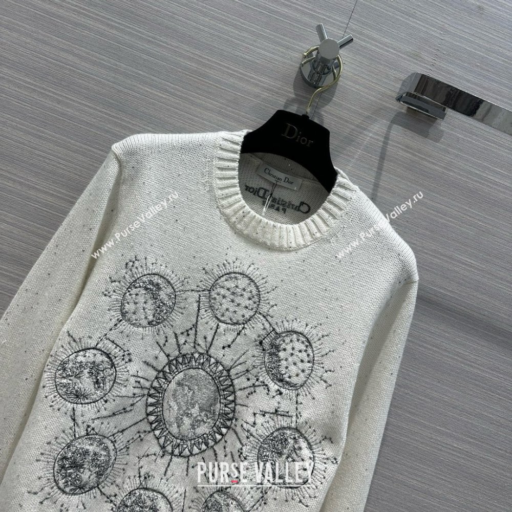 dior White Cashmere Knit with Gray Dior Phases Lunaires Motif Embroidered Sweater 2024 (qiqi-240326-01)