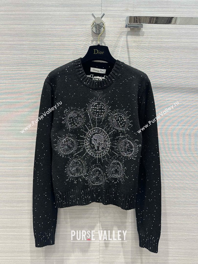 dior Black Cashmere Knit with Gray Dior Phases Lunaires Motif Embroidered Sweater 2024 (qiqi-240326-02)