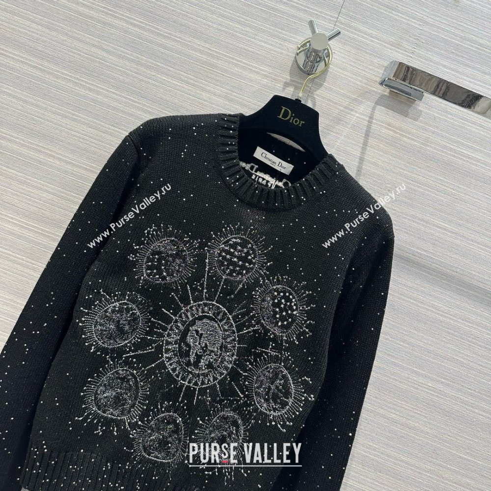 dior Black Cashmere Knit with Gray Dior Phases Lunaires Motif Embroidered Sweater 2024 (qiqi-240326-02)