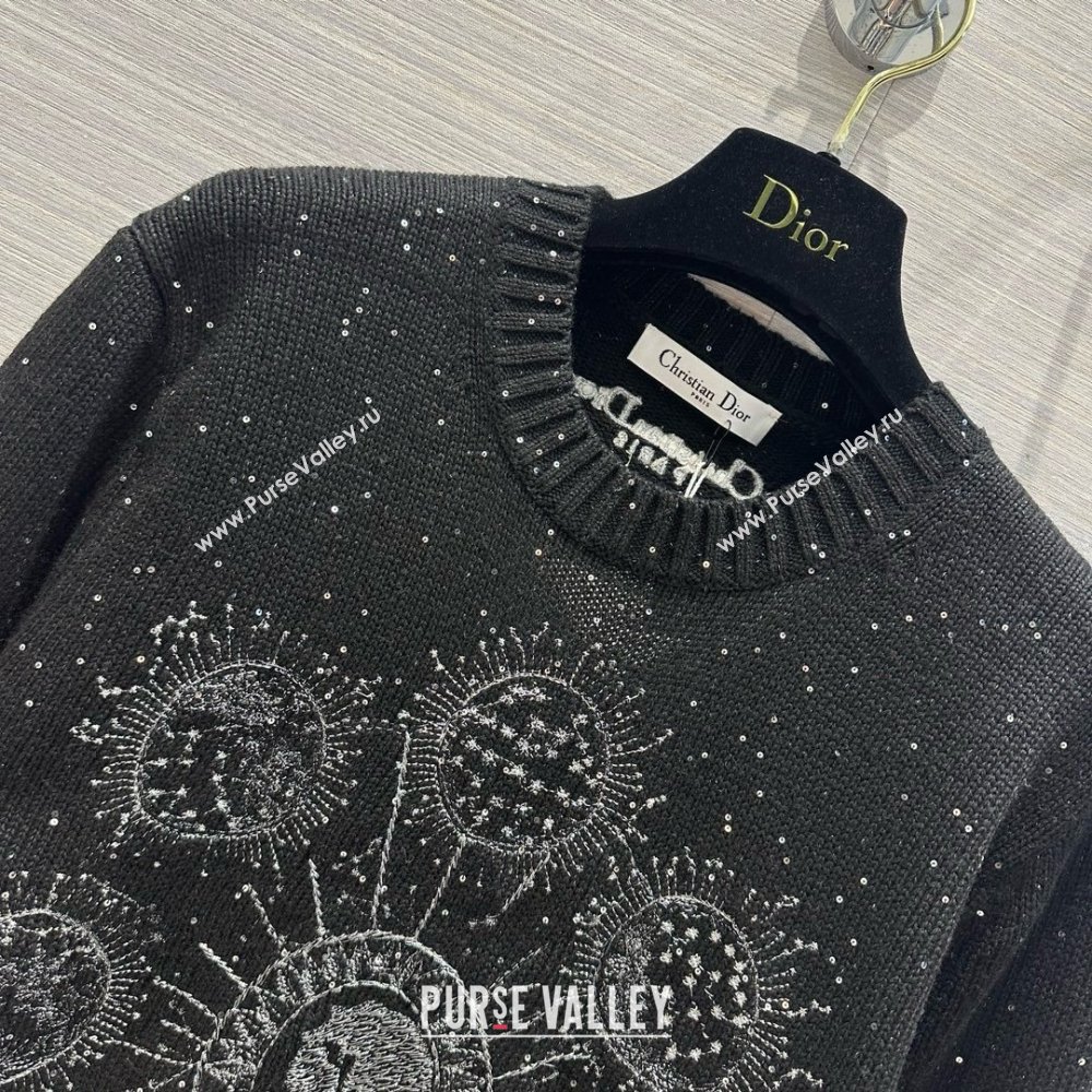 dior Black Cashmere Knit with Gray Dior Phases Lunaires Motif Embroidered Sweater 2024 (qiqi-240326-02)