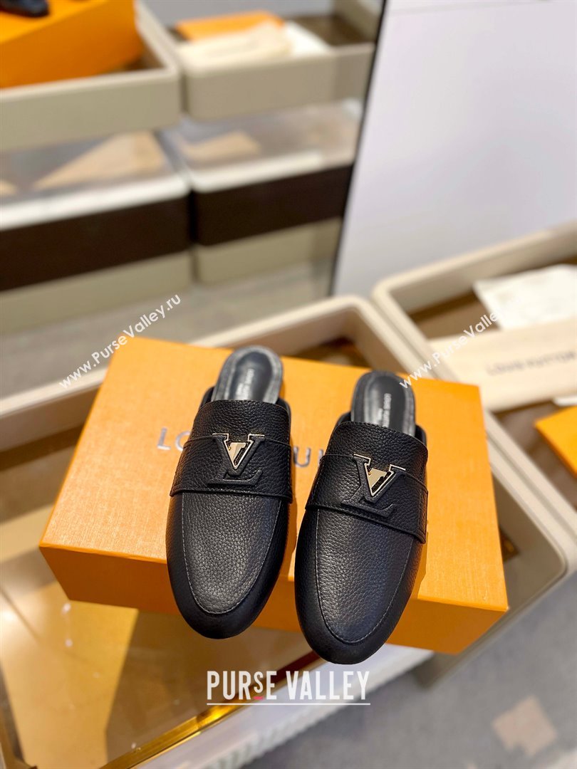 Louis Vuitton Grained calf leather LV Capri Open Back Loafers Black 2023 (modeng-231031v01)