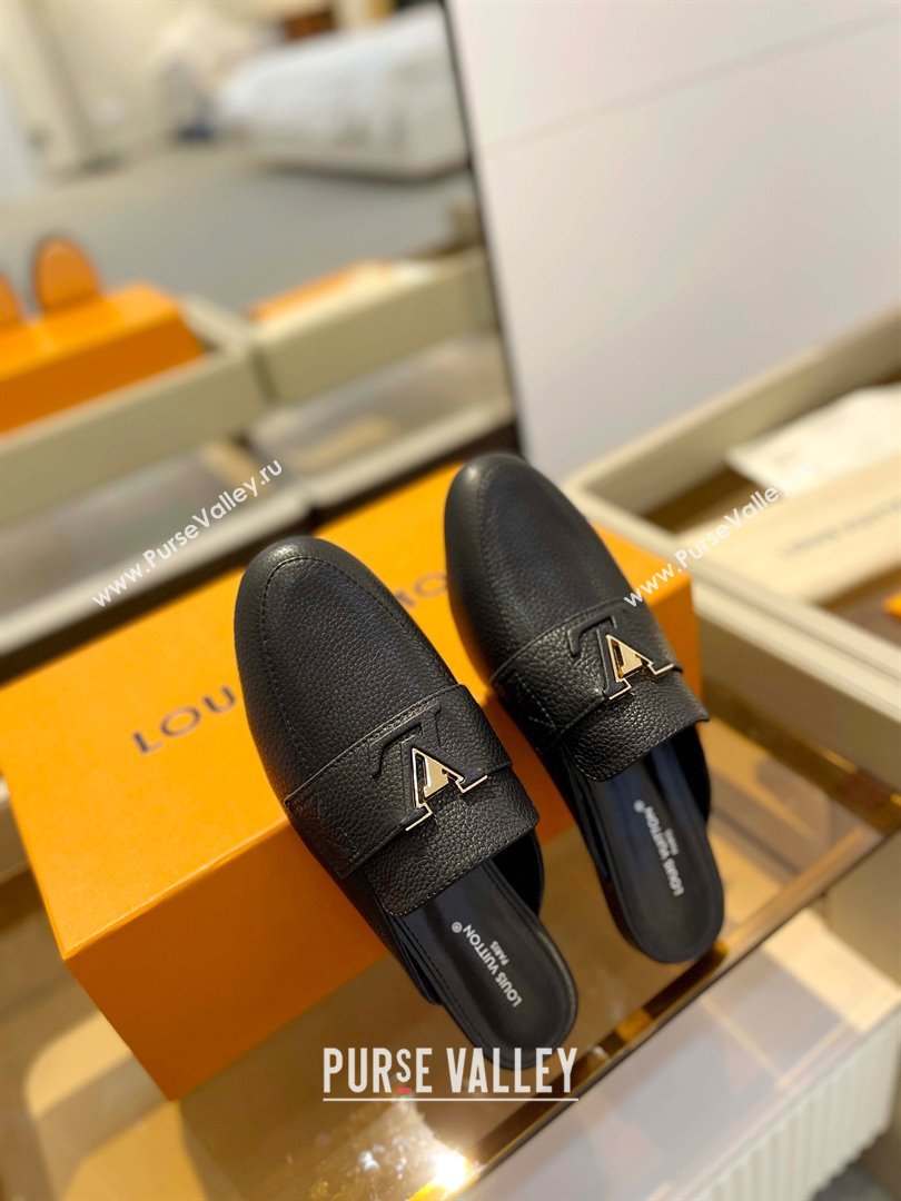 Louis Vuitton Grained calf leather LV Capri Open Back Loafers Black 2023 (modeng-231031v01)