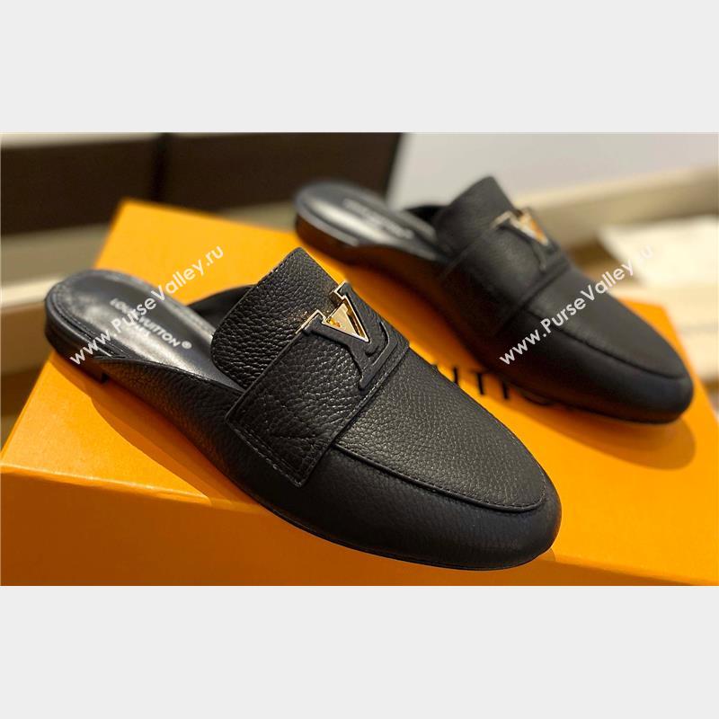 Louis Vuitton Grained calf leather LV Capri Open Back Loafers Black 2023 (modeng-231031v01)