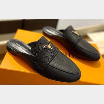 Louis Vuitton Grained calf leather LV Capri Open Back Loafers Black 2023 (modeng-231031v01)
