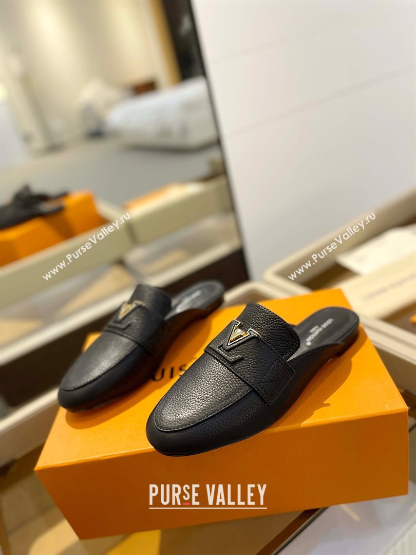 Louis Vuitton Grained calf leather LV Capri Open Back Loafers Black 2023 (modeng-231031v01)
