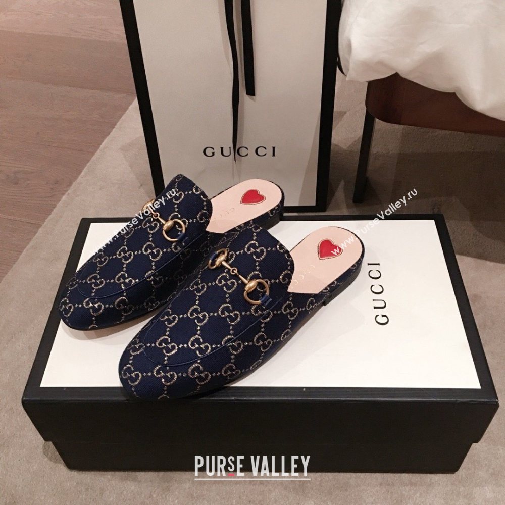 Gucci Princetown GG lame fabric Slippers navy blue 2020 (kaola-201120-c)