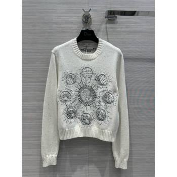 dior White Cashmere Knit with Gray Dior Phases Lunaires Motif Embroidered Sweater 2024 (qiqi-240326-01)