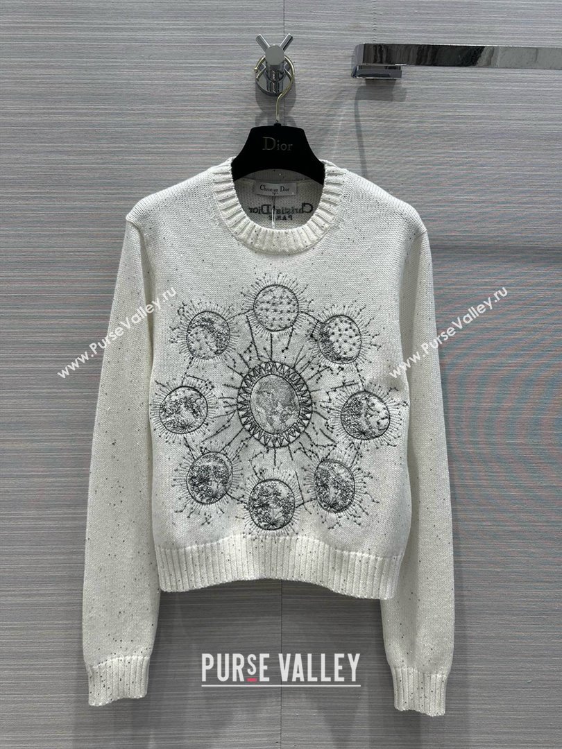 dior White Cashmere Knit with Gray Dior Phases Lunaires Motif Embroidered Sweater 2024 (qiqi-240326-01)