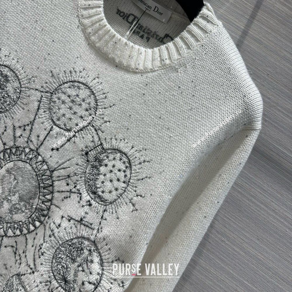 dior White Cashmere Knit with Gray Dior Phases Lunaires Motif Embroidered Sweater 2024 (qiqi-240326-01)