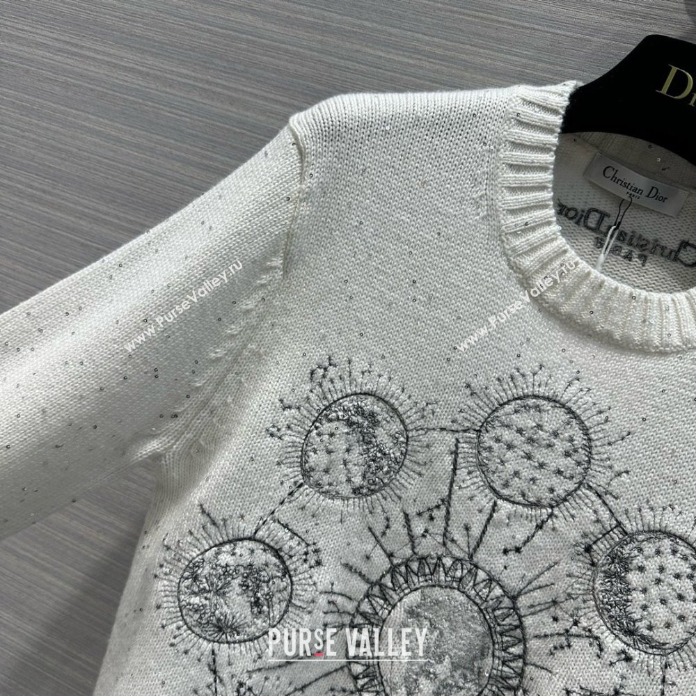 dior White Cashmere Knit with Gray Dior Phases Lunaires Motif Embroidered Sweater 2024 (qiqi-240326-01)