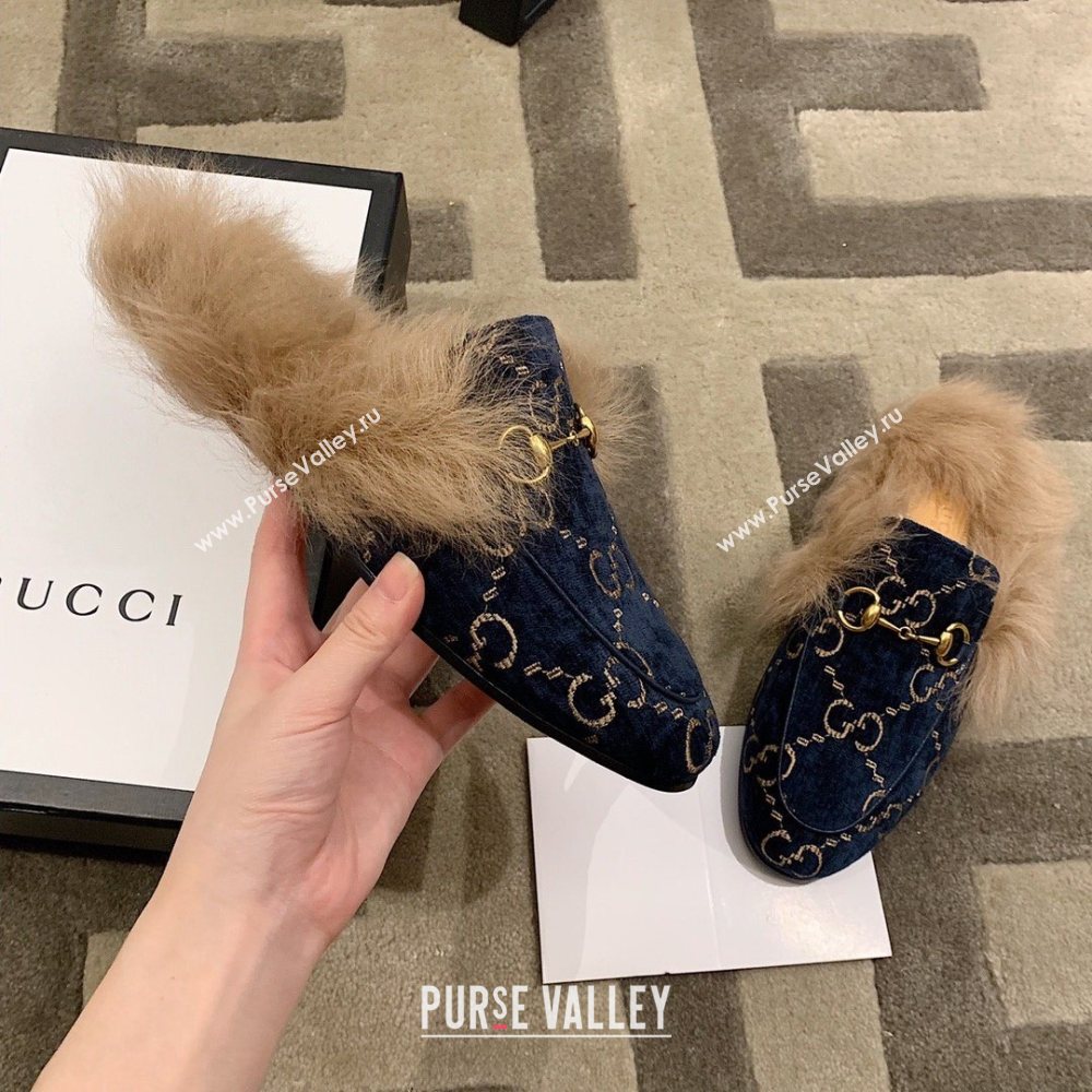 Gucci Princetown GG Velvet Fur Slipper navy Blue 2020 (dingyun-201119-b)