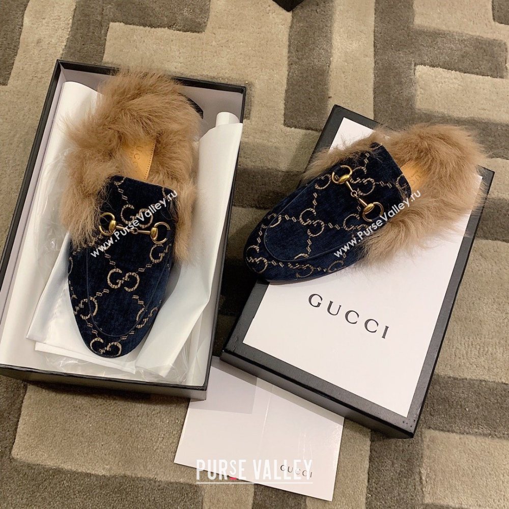 Gucci Princetown GG Velvet Fur Slipper navy Blue 2020 (dingyun-201119-b)