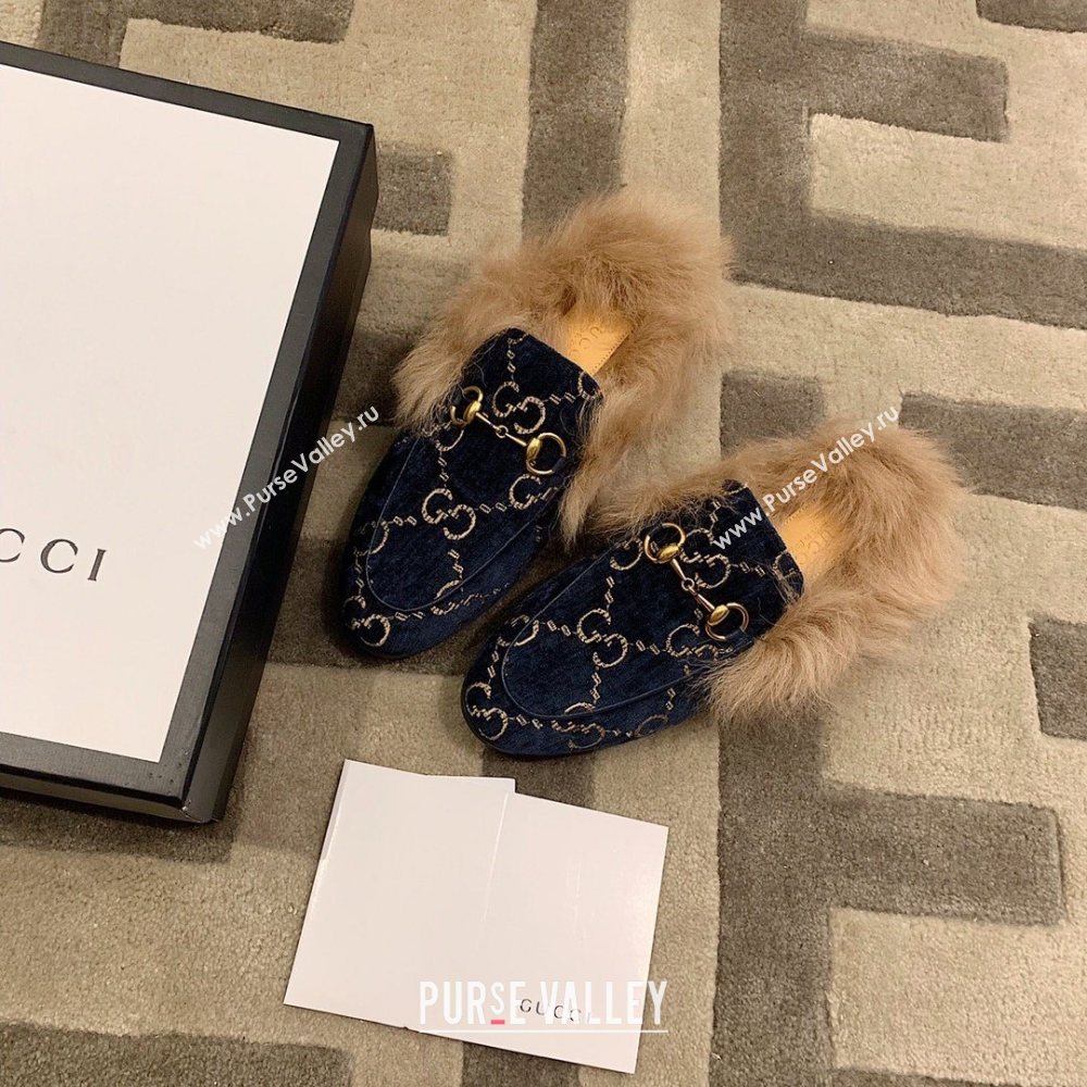 Gucci Princetown GG Velvet Fur Slipper navy Blue 2020 (dingyun-201119-b)