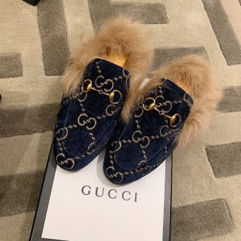 Gucci Princetown GG Velvet Fur Slipper navy Blue 2020 (dingyun-201119-b)