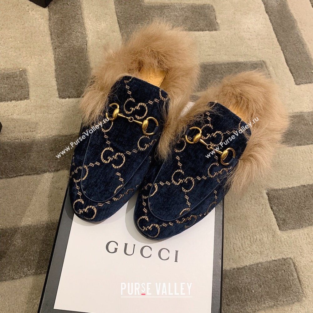 Gucci Princetown GG Velvet Fur Slipper navy Blue 2020 (dingyun-201119-b)