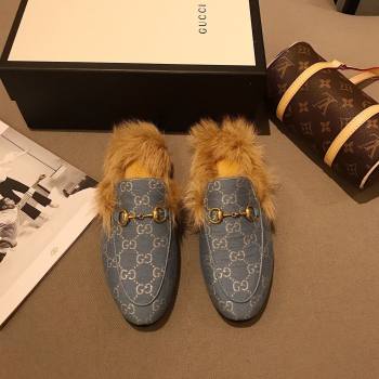 Gucci Princetown GG lame fabric fur Slippers denim Blue 2020 (dingyun-201119-h)