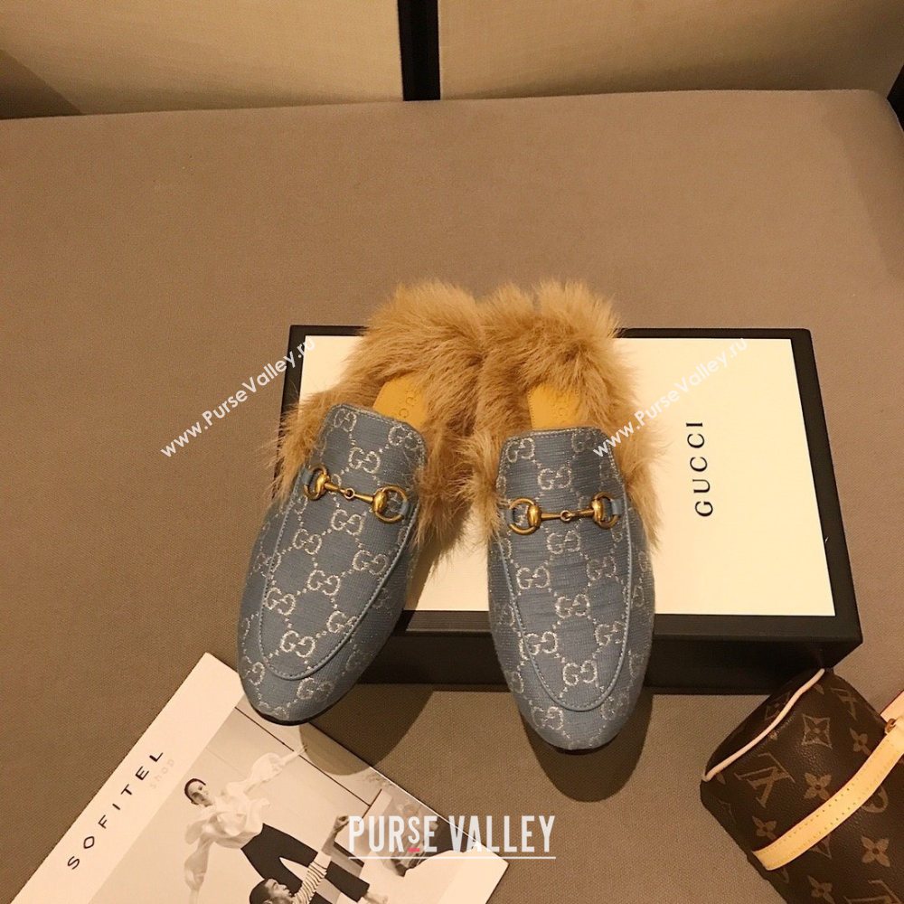 Gucci Princetown GG lame fabric fur Slippers denim Blue 2020 (dingyun-201119-h)