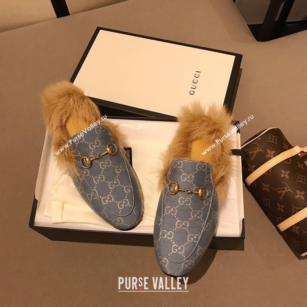 Gucci Princetown GG lame fabric fur Slippers denim Blue 2020 (dingyun-201119-h)