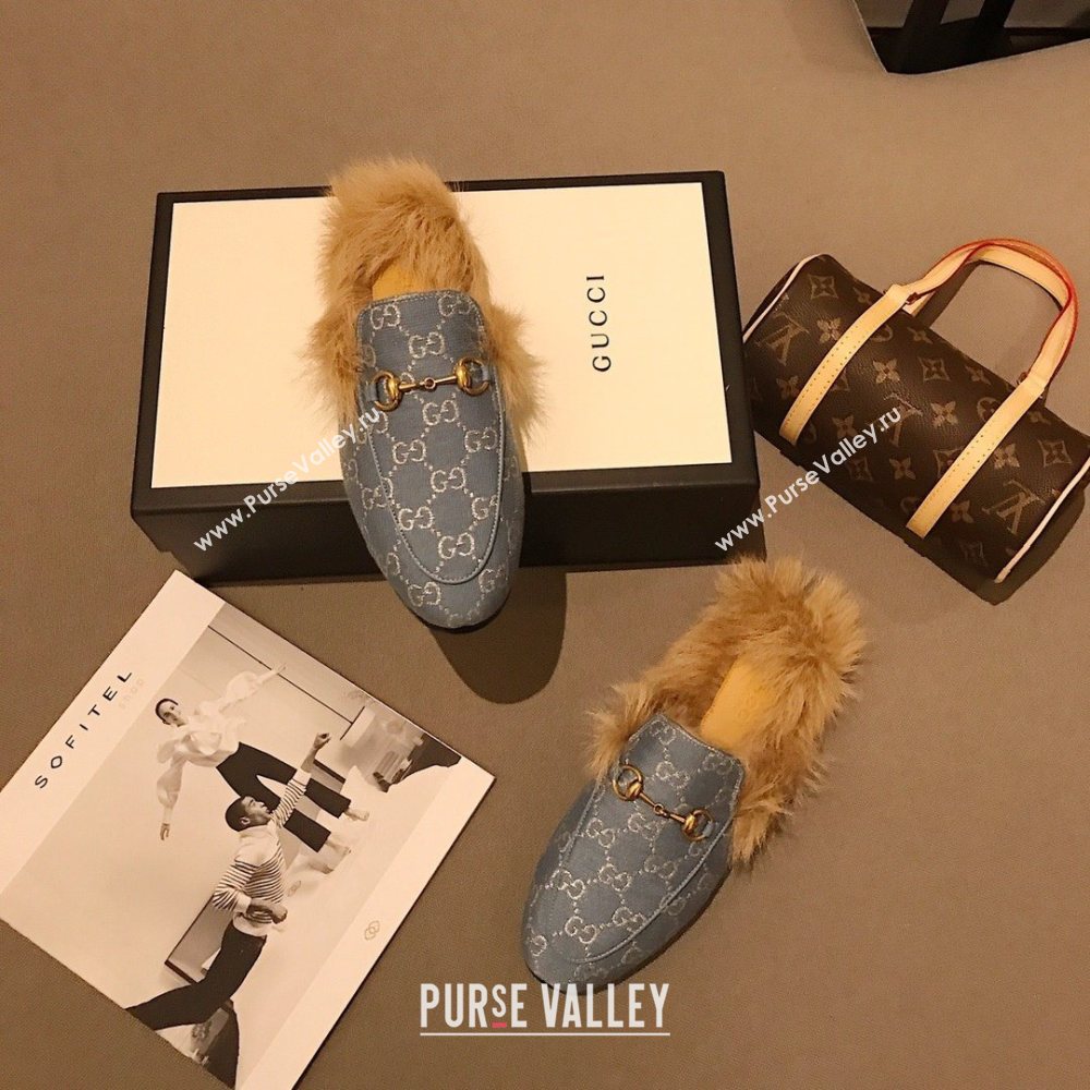 Gucci Princetown GG lame fabric fur Slippers denim Blue 2020 (dingyun-201119-h)