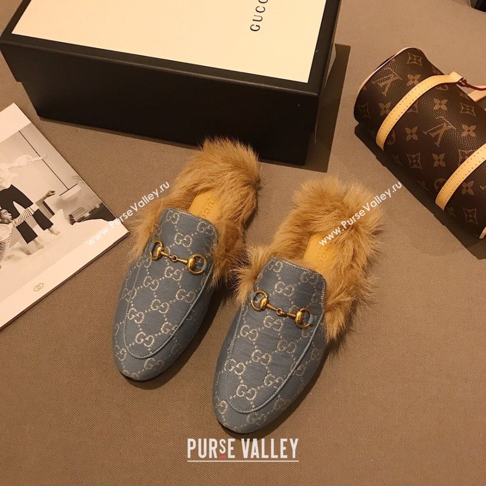 Gucci Princetown GG lame fabric fur Slippers denim Blue 2020 (dingyun-201119-h)