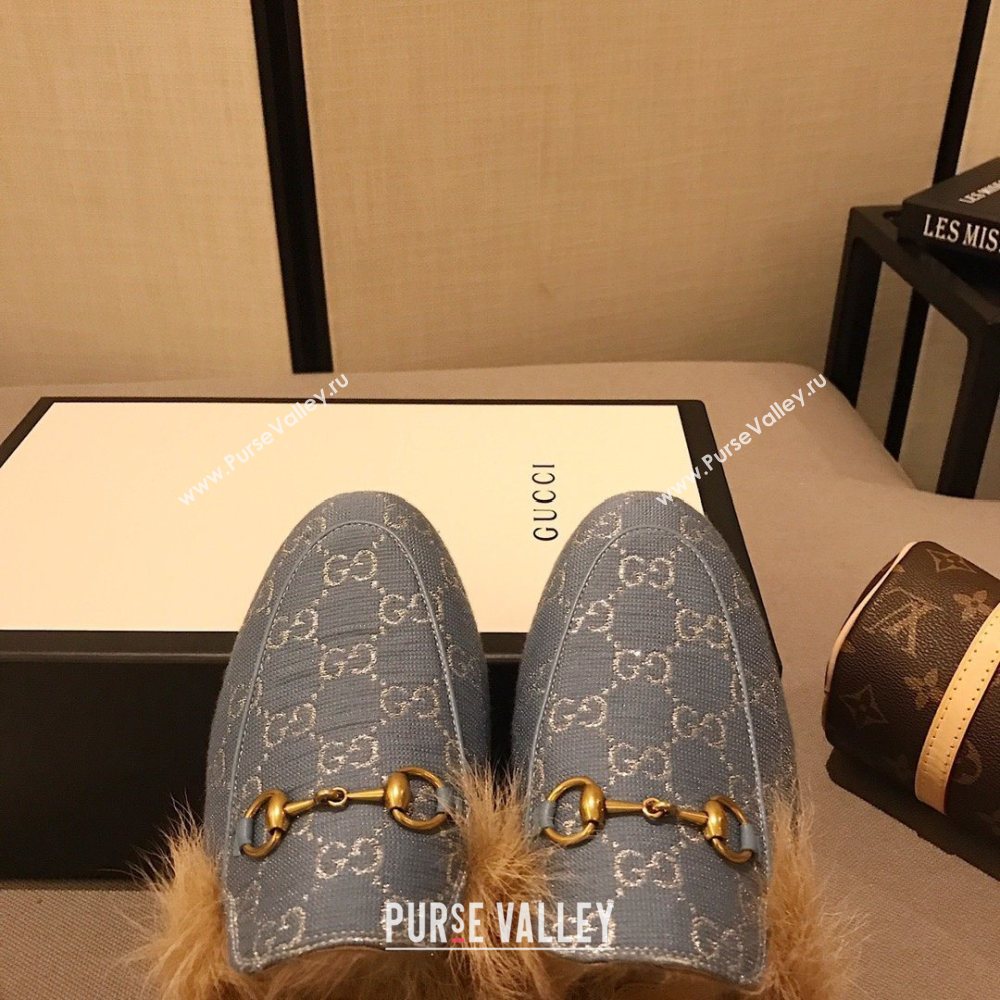 Gucci Princetown GG lame fabric fur Slippers denim Blue 2020 (dingyun-201119-h)