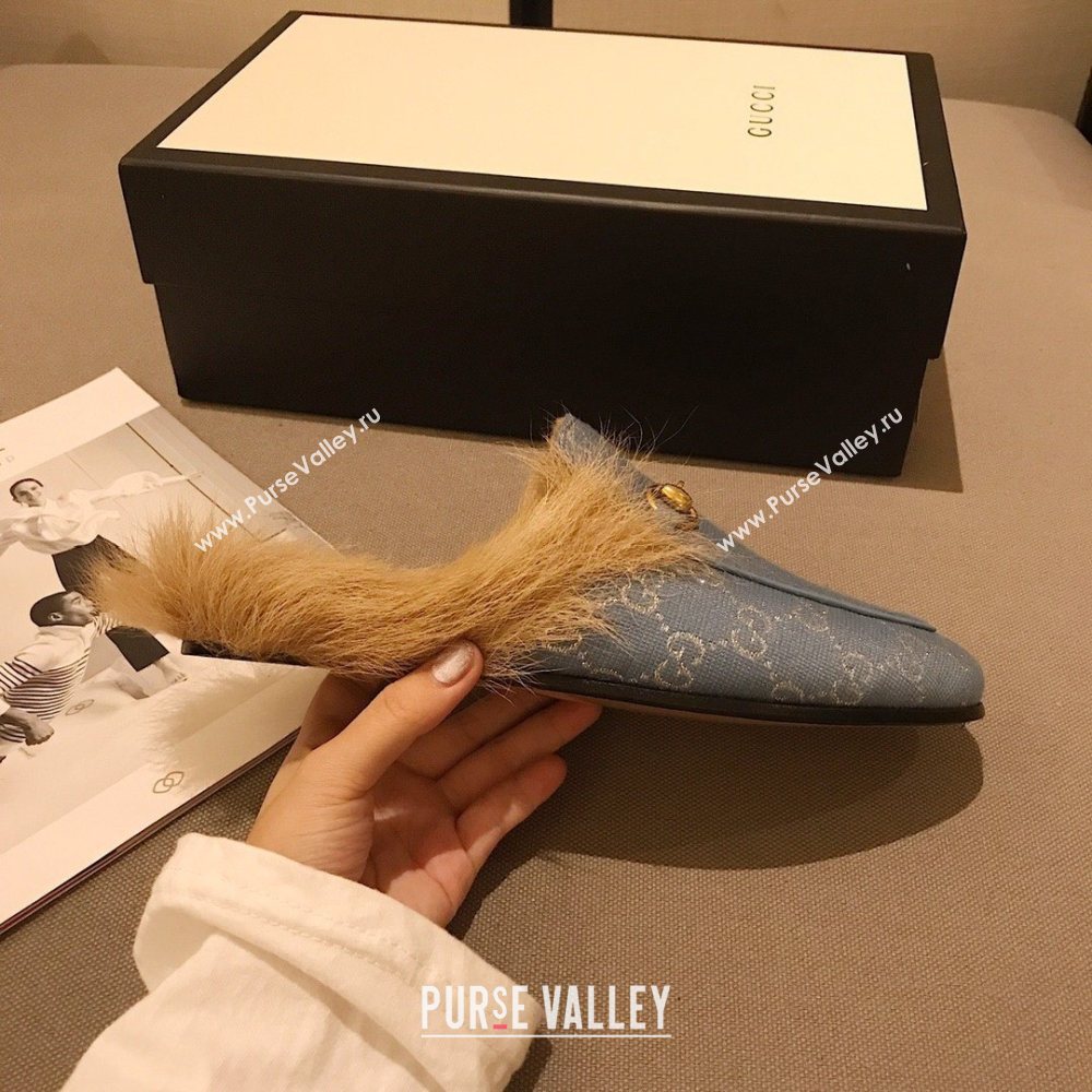 Gucci Princetown GG lame fabric fur Slippers denim Blue 2020 (dingyun-201119-h)