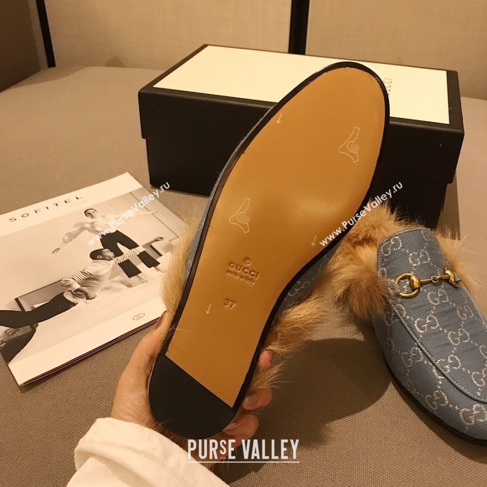 Gucci Princetown GG lame fabric fur Slippers denim Blue 2020 (dingyun-201119-h)