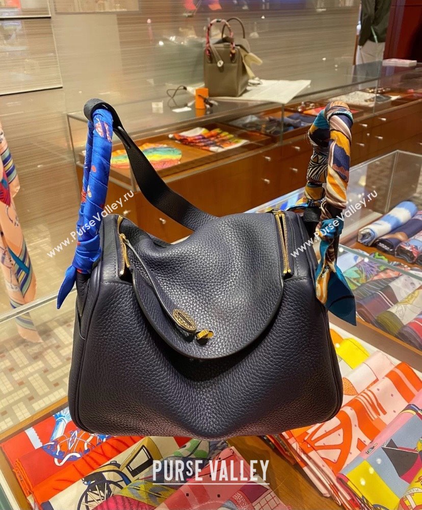 Hermes Lindy 26cm Bag in original taurillon clemence leather Blue Nuit (handmade) (ayan-240131-01)